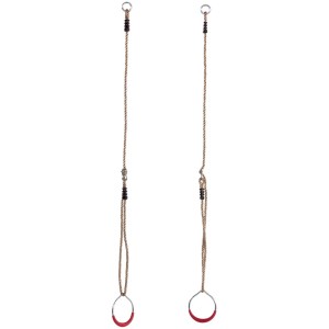 Deux anneaux de corde en métal pour balançoires et toboggans, avec poignées rouges et boucles de réglage.