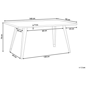 Schéma de la table de salle à manger Beliani Witney, marron foncé, avec dimensions.