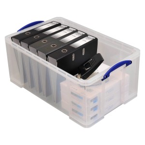 Transparente Clipbox 64 l mit blauem Clipverschluss, gefüllt mit Ordnern und Büromaterial.