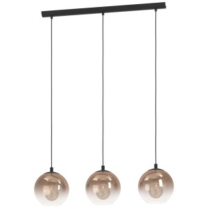 Suspension Eglo Ariscani noire en trois parties avec des sphères en verre couleur cuivre.