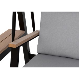 Dettaglio: altalena Hollywood Summerdale, struttura antracite, cuscini grigio chiaro e ripiano in legno.