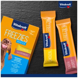Vitakraft Freezies ghiaccioli per cani con pollo e salsiccia di fegato, confezione da 5. Snack rinfrescante per cani.
