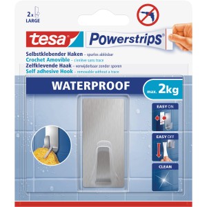 Tesa Powerstrips Crochet Waterproof, inox, grand, crochet adhésif carré pour salle de bain et cuisine, jusqu'à 2 kg.