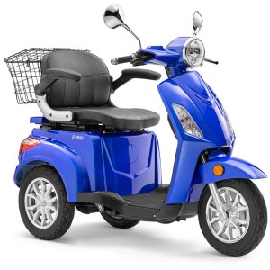 E-Mobil E3800 blu con tre ruote, cestino e sedile con braccioli.
