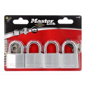 Master Lock Vorhängeschloss Alu 4er-Set, 40mm breit, ideal für Werkstatt und Haushalt.