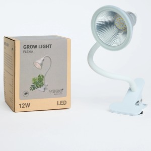 Lampada per piante a LED Venso E27 Flexia 12 W con braccio flessibile e morsetto, accanto alla confezione del prodotto.