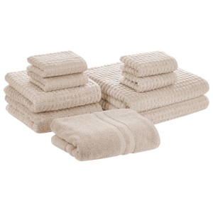 Ensemble de serviettes en coton beige Atai 9 pièces avec serviettes de toilette, serviettes d'invités, serviettes de bain et tapis de bain.