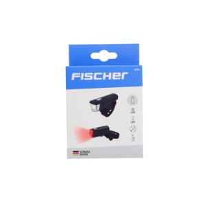Kit d'éclairage à piles LED Fischer 20 Lux dans sa boîte, lumière avant et arrière.