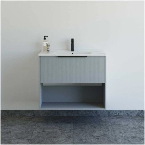 Set mobili bagno Dansani NOW, blu chiaro rigato, con lavabo, mobile sottolavabo e vano a giorno.