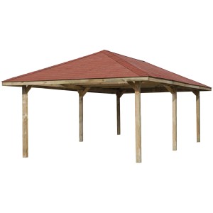 Gazebo Weka Gartenoase 651 B, 433x778 cm, con tetto rosso e pali in legno.