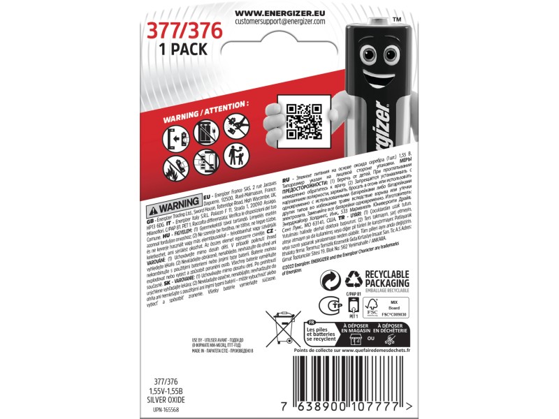 Energizer Batterie 377 / 376 1.55 V Silver Oxide , Pile Bouton