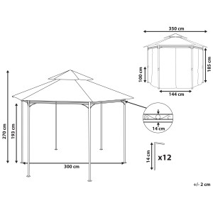 Disegno tecnico: Gazebo Beliani Portel grigio grafite con dimensioni.