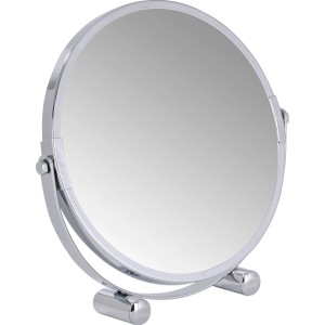 Specchio cosmetico cromato Wenko Mera con superficie rotonda e base.
