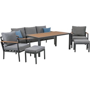 Ensemble repas Greemotion Bozen 6 pièces, mobilier de jardin lounge anthracite avec table, canapé, fauteuils et tabourets.