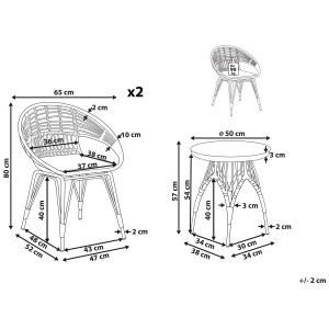 Schizzo del set bistrot Pellaro nero: dimensioni del tavolo e delle sedie del set di mobili da balcone.