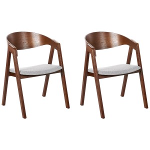2er Set Beliani Esszimmerstühle Yuba, Holz Braun, Sitzfläche Hellgrau. Polsterstühle im Retro Design.
