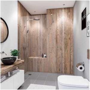 Bagno con pannello posteriore doccia Breuer effetto legno vecchio Mare del Nord, 100x255 cm.