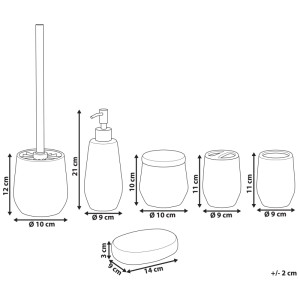 Set bagno 6 pezzi color crema con scopino WC, dispenser sapone, portaspazzolino e altro.