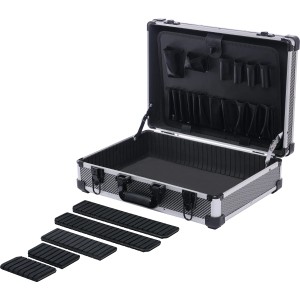Mallette à outils LUX en aluminium ouverte, argent/noir, avec séparateurs variables.