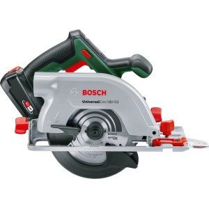 Sega circolare a batteria Bosch UniversalCirc 18V-53 con batteria, per tagli precisi nel legno.