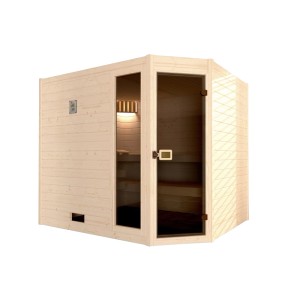 Sauna d'angle en bois massif Weka 539 avec fenêtre et entrée d'angle. Incl. banquettes et appuie-têtes.