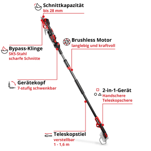 Einhell GP-LS 18/28 tagliasiepi a batteria: Cesoie telescopiche da giardino con batteria per rami fino a 28 mm. Rosso/nero.