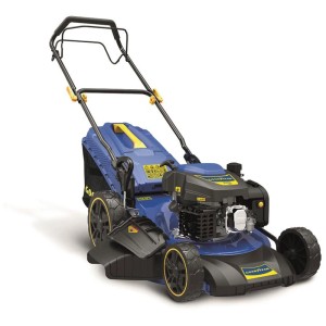 Tondeuse à essence Goodyear GY531LM, bleue, avec moteur 225 cm³ et bac de ramassage.