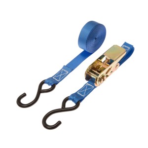 Sangle d'arrimage bleue Conacord avec cliquet et crochets en S, longueur 5 m, pour une fixation sûre.