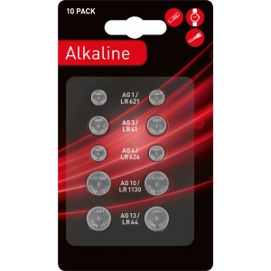 Confezione da 10 batterie a bottone alcaline di vari tipi (AG1, AG3, AG4, AG10, AG13/LR44).