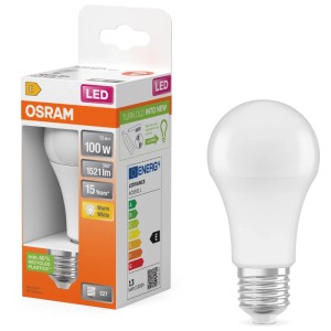 Ampoule LED Osram E27, 13W, blanc chaud, à côté de l'emballage avec détails techniques.