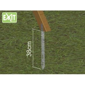 Kit d'ancrage EXIT (4 pièces) pour équipements de jeux, détail d'un ancrage au sol monté sur une tour de jeux.