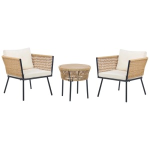 Set bistro Beliani Gargano in polyrattan beige, composto da due poltrone e un tavolino.