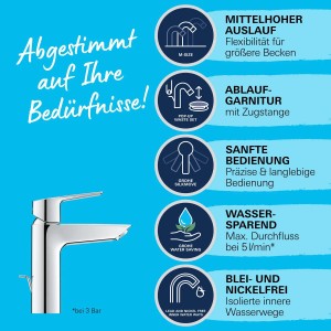 Miscelatore lavabo Grohe QuickFix Start M-Size con scarico a tirante, finitura cromata.