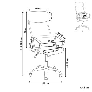 Schéma : Chaise de bureau design noire Beliani avec dimensions. Mobilier de bureau avec accoudoirs et appui-tête.