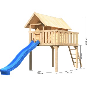 Karibu Cabane sur pilotis Fidel avec toboggan bleu et échelle en bois.