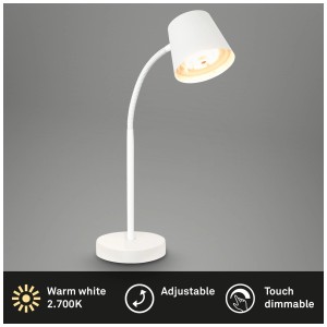 Lampada da scrivania a LED Briloner bianca, orientabile e dimmerabile.