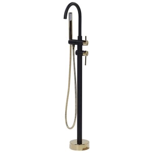 Miscelatore per vasca freestanding Tugela nero-oro con doccetta e design elegante.