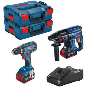 Set utensili Bosch Professional: trapano avvitatore, martello perforatore, 2 batterie, caricabatterie e L-Boxx.