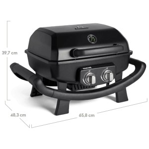 Schwarzer Burnhard Balkongrill Wayne mit 2 Brennern und Deckelthermometer.