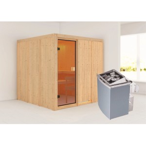 Sauna Karibu Oulu con stufa e porta in vetro, sauna in legno massello per ore di relax.