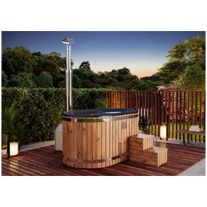 Finntherm Hot Tub Stockholm Anthracite Ø 200 cm en bois thermo avec four en acier inoxydable et escalier.