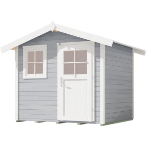 Abri de jardin gris avec toit à deux pentes, porte et fenêtre en bois. Idéal comme remise à outils ou salle de loisirs.