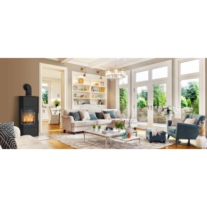 Poêle à bois Fireplace Royal noir (6 kW) en acier dans un salon.