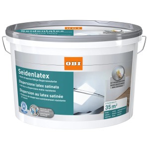 Eimer OBI Seidenlatex, seidenglänzend, Weiss, 5 Liter. Latexfarbe für strapazierte Wände.