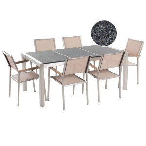 Salon de jardin Grosseto: table plateau granit flammé, 6 chaises textile beige et structure acier inoxydable.