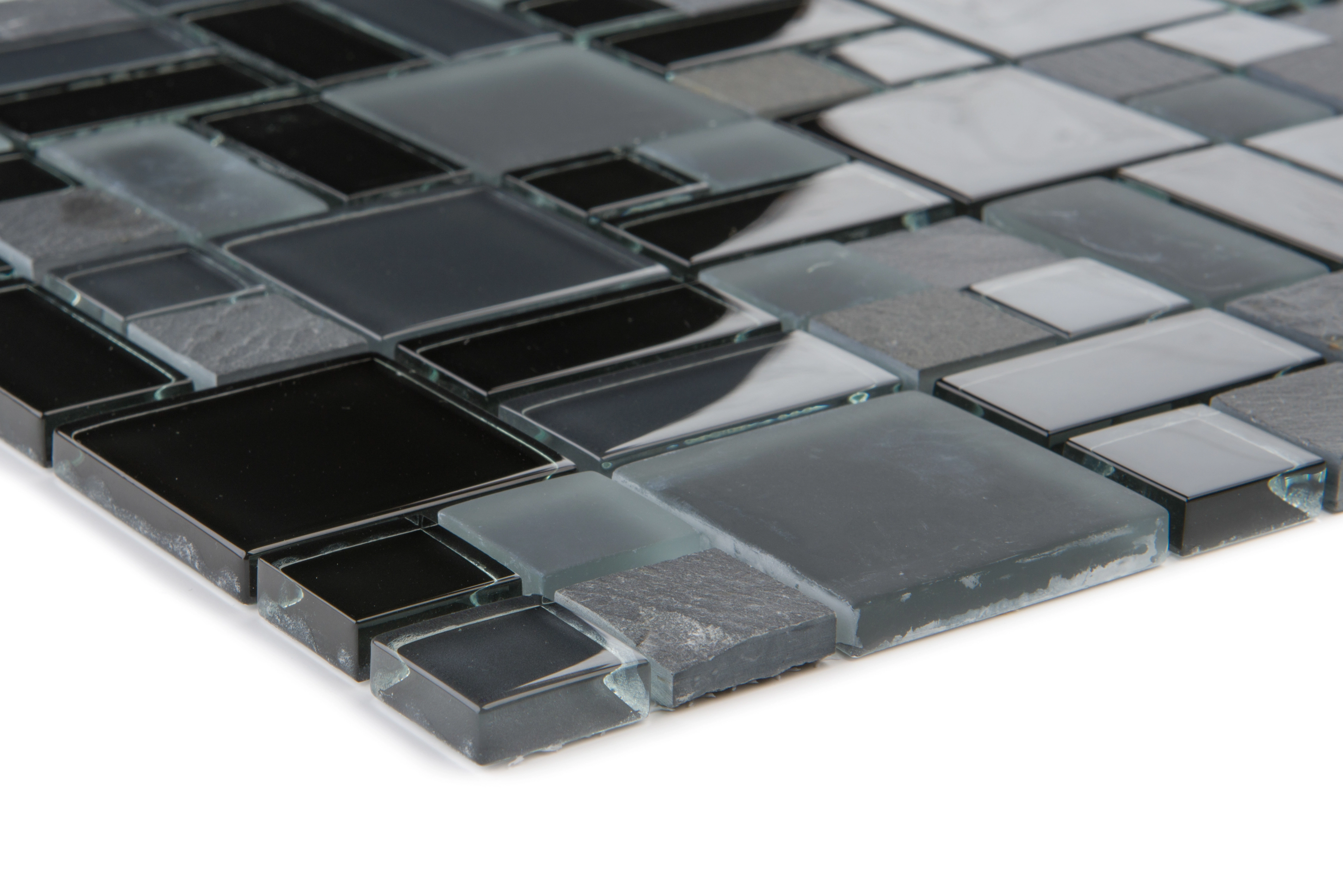 Euro Stone Mosaikmatte Schiefer Schwarz Glas-Mix Multiformat 30 x 30 cm / 4  mm