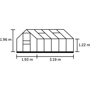 Schizzo della serra Halls Popular 106 nera, 6,2 m² con dimensioni.