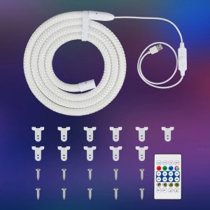 Weisser Brilo LED-Gewebeschlauch RGBIC 2m mit Fernbedienung, USB-Anschluss und Montageclips für dynamische Lichteffekte.