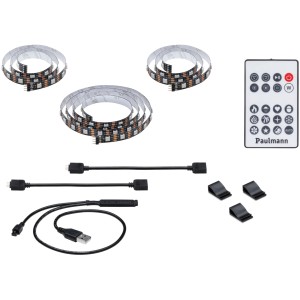 Paulmann EntertainLED USB-LED-Strip für TV 55 Zoll mit Fernbedienung und Zubehör.