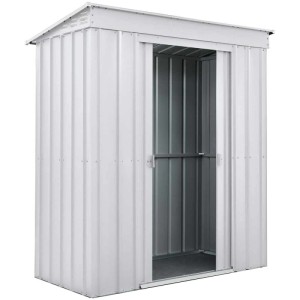 Abri de jardin en métal argenté (195x180x93cm) avec porte coulissante pour outils.